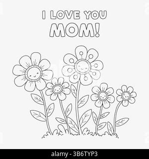 Muttertag Ausmalseite für Kinder mit „i love you Mom“-Botschaft, süßem Schmetterling und einfachen Blumen-Kritzeleien-Vektorkunst Stock Vektor