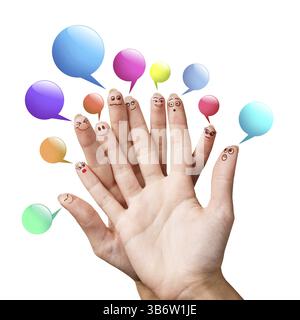 Glücklich Finger Smileys mit bunten Rede bubbles auf weißem Hintergrund Stockfoto