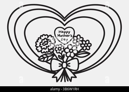 Elegantes Muttertagskarte-Design mit konzentrischem Herzrahmen und Blumenstrauß zum Färben von Vektorkunst Stock Vektor