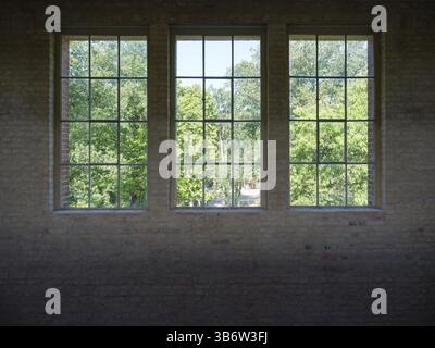 Drei einfach verglaste Fenster in einer freiliegenden Ziegelmauer in einer alten Industrieanlage Stockfoto
