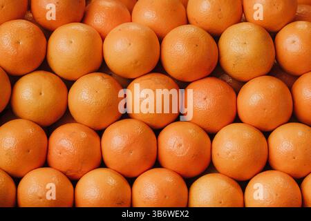 Wunderschöne Orangen in einer Reihe auf einem Stand auf dem Obst- und Gemüsemarkt Stockfoto