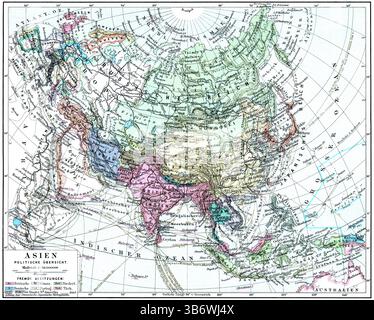 Politische Übersichtskarte Asiens mit Kolonialgebieten. Veröffentlichung der "Meyers-Enzyklopädie", Band 6, Leipzig, Deutschland, 1910. Stockfoto