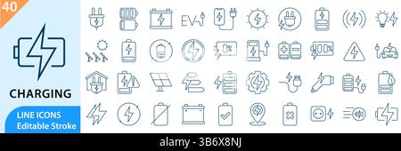 Elektronisches Laden, lineare Symbolgruppe. Ladesymbol gesetzt. Enthält Ladung, Batterie, Energie, Elektrizität usw. Vektorabbildung. Bearbeitbarer STRO Stock Vektor