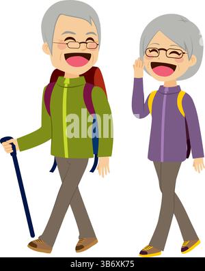 Nettes Seniorenpaar, das lacht und redet und in Kletterkleidung und Ausrüstung läuft Stock Vektor
