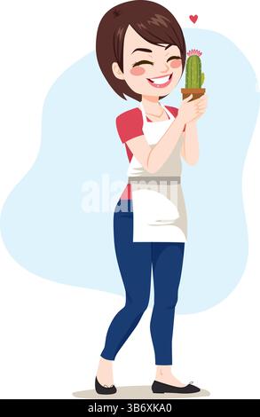 Junge, glückliche stehende Frau, die Kakteen hält und Gartenhobbys genießt Stock Vektor