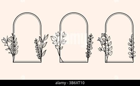 Handgezeichneter botanischer Bogenrahmen im Vintage-Stil mit komplizierten Blumenmustern, Stock Vektor