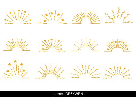 Doodle Line funkelt und strahlt. Handgezeichnete Explosionslinien Konfetti, Sonnenaufbruch, Sterne dekorative Überraschungselemente. Stock Vektor