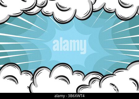 Comic-Stil blauer Hintergrund mit Wolken und Starburst Doodle Vektor Illustration Stock Vektor