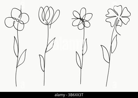 Minimalistische einzeilige Blumenkollektion. Vektor-Illustration Stock Vektor