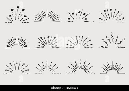 Doodle Line funkelt und strahlt. Handgezeichnete Explosionslinien Konfetti, Sonnenaufgang, Überraschungselemente mit dekorativem Effekt. Sketch-Comic feiert Splash A Stock Vektor