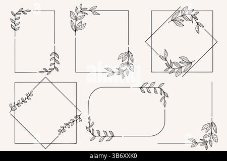 Blumenformen Line Art handgezeichneter Rahmen mit Zweigen und Blättern Sammlung.Vektor-Illustration Stock Vektor