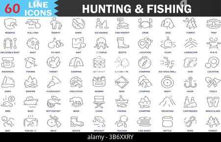 Icons für Jagd- und Angelschnur. Camping, Tier, Fisch, Natur, Landschaft Ikonen. UI-Symbolgruppe. Symbole für dünne Konturen festgelegt. Editierbarer Vektor, illus Stock Vektor