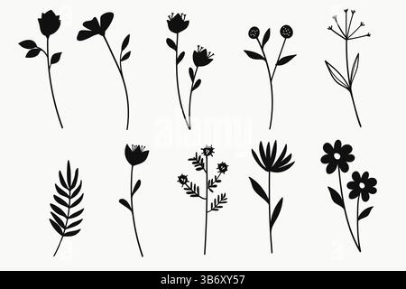 Silhouette Flowers and Leaves Kollektion. Vektorabbildung Stock Vektor