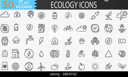 Symbole für ökologische Linien – Symbole für nachhaltige Energie, Natur, Recycling, Öko-Transport und Green Planet. Vektorabbildung, Bearbeitbare Kontur Stock Vektor