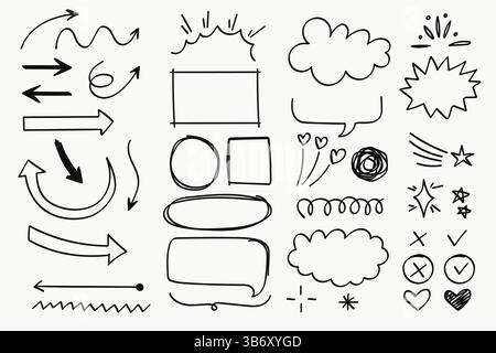 Satz von Zeichnungssammlungen für Stiftlinien-Doodle-Elemente.Vektorillustration Stock Vektor