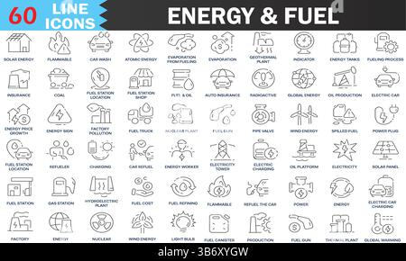 Sammlung von Symbolen für Energie- und Kraftstoffleitungen. Stromversorgung, Tankstelle, Aufladen, Autosymbole. UI-Symbolgruppe. Symbolpaket für dünne Konturen. Editierbares Vektorstrichpiktogra Stock Vektor