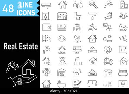 Icons für Immobilienumrisse – Haus, Kauf, Miete, Verkauf, Immobilienverwaltung, Services Verschieben. Sammlung von Gliederungssymbolen. Einfache Vektordarstellung. Stock Vektor