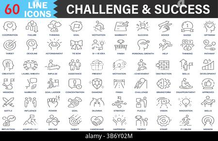 Das Paket mit den Symbolen für Challenge und Success Line enthält Symbole für Strategie, Vision, Ziel und Erfolg für die Benutzeroberfläche. Editierbarer Vektor EPS10 Stock Vektor