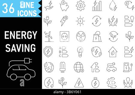 Energiesparende Kontursymbole mit bearbeitbarer Konturensammlung. Umfasst Solarenergie, Green Planet, Strom, Eco Car, Kernkraftwerk, Energieerzeugung. Stock Vektor