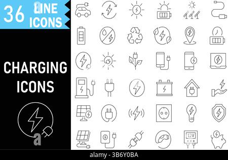 Electric Charging outline icons for EV, Battery, Renewable Power, USB, Station, Plug,Solar Panel and Cable. Editable Vector stroke pictograms. illustr Stock Vektor