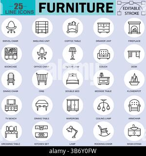 Möbellinie Icons Bundle. Sofa, Stuhl, Tisch, Bett, Lampe, Kleiderschrank, Spiegel, Schreibtischsymbol für Apps und Websites. Bearbeitbare Piktogramme für Vektorkonturen. Illus Stock Vektor