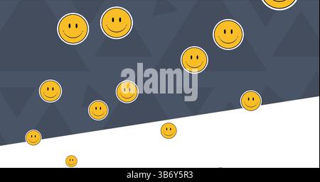 Bild von lächelnden Emoji-Symbolen in sozialen Medien auf grauem und weißem Hintergrund Stockfoto