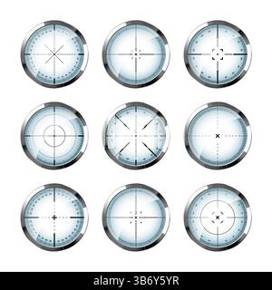 Chrom-Waffenvisiere, Scharfschützengewehr-optische Oszilloskope. Jagdpistole Sucher mit Fadenkreuz. Ziel, Symbol für die Schießmarke. Militärisches Zielschild, Silhouette Stock Vektor