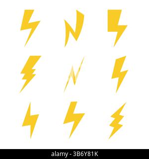 Sammlung gelber Blitzsymbole für die Konstruktion. Elektrischer Funkenflug. Stock Vektor