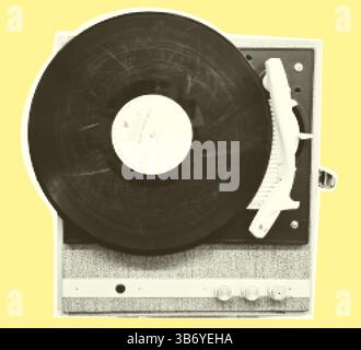 Vintage-Vinyl-Player aus den 60er Jahren. Rastermaß trendiges ausgeschnittenes Papier Collage Element isoliert auf gelbem Hintergrund Karaoke-Mikrofon, Aufnahme Broadcast, Online-Radio Stock Vektor
