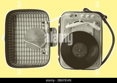 Vintage-Vinyl-Player aus den 60er Jahren. Rastermaß trendiges ausgeschnittenes Papier Collage Element isoliert auf gelbem Hintergrund Karaoke-Mikrofon, Aufnahme Broadcast, Online-Radio Stock Vektor