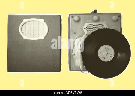 Vintage-Vinyl-Player aus den 60er Jahren. Rastermaß trendiges ausgeschnittenes Papier Collage Element isoliert auf gelbem Hintergrund Karaoke-Mikrofon, Aufnahme Broadcast, Online-Radio Stock Vektor