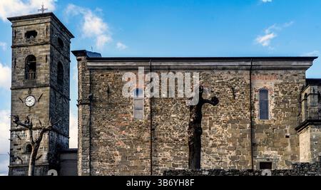 Eine historische Steinkirche mit einem hohen Glockenturm mit rustikaler Fassade und großen Fenstern. Ein knorriger Baum steht davor und trägt zur alten Welt bei Stockfoto