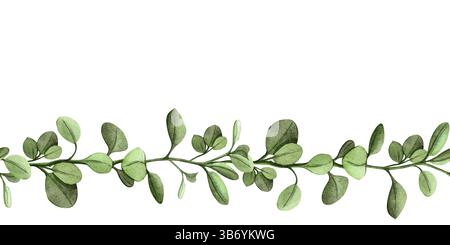 Frisches grünes, florales nahtloses Banner im Frühling mit Zweig und Blättern, handgemalte Aquarellschablone - Rand mit botanischem Arrangement perfekt Stockfoto