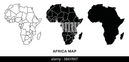 Afrika-Kartenset mit administrativen Abteilungen, Gliederung und Silhouette. Editierbarer Vektor für Infografiken, Präsentationen und Bildungszwecke. Stock Vektor