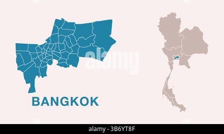 Detaillierter Stadtplan von Bangkok, Thailand mit Standort markiert auf Thailand Karte. Vektor-Thailand-Karte mit regionalen Unterteilungen, isoliert auf Hintergrund. Stock Vektor