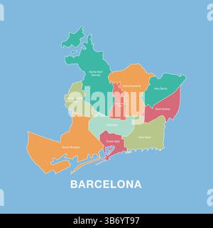 Farbenfrohe Karte von Barcelona, Spanien mit beschrifteten Verwaltungsbezirken. Vektorillustration isoliert auf blauem Hintergrund. Stock Vektor