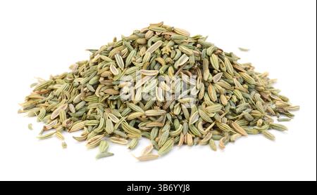 Haufen von Fenchelsamen isoliert auf weiß Stockfoto