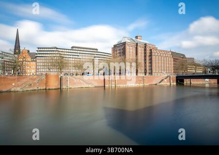 Dieses wunderschöne Panorama zeigt die atemberaubende Architektur entlang der Uferpromenade in Hamburg, Deutschland, mit historischen Gebäuden, die die Ruhe reflektieren Stockfoto