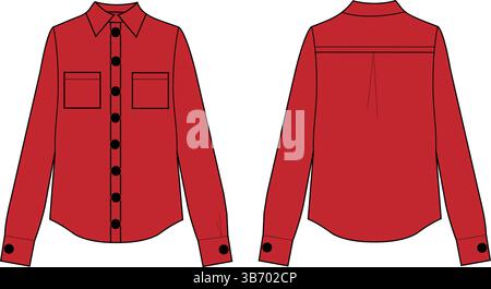 Rotes langärmeliges Hemd mit Button-Up-Hemd | Illustration der technischen Mode | Vorlage für flache Bekleidung CAD | Vorder- und Rückansicht Stock Vektor
