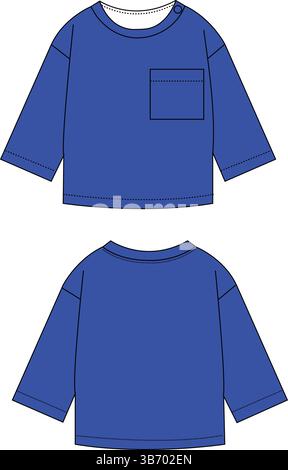 Einfarbiges, blaues Langarmhemd mit Brusttasche | Illustration der technischen Mode | flache Bekleidungsvorlage CAD | Vorder- und Rückansicht Stock Vektor