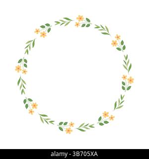 Minimaler Blumenkranz mit gelben Wildblumen und grünen Blättern auf weißem Hintergrund. Perfekt für Hochzeitseinladungen, Logos und saisonale Dekoration Stock Vektor
