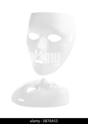 Zwei Plastik-Theatermasken isoliert auf weiß Stockfoto