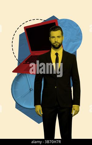Composite-Artwork 3D-Fotocollage Trendvorlage für Rekrutierung Arbeitsbereich Unternehmer Human Resources junger Mann Stand Uhr Laptop Stockfoto