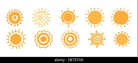 Kritzeln Sie die Sonnensymbole. Heiße Wetter Sonnen Sammlung Vektor Illustration, Sommer gekritzelte Sonne Kritzeleien mit Sonnenlicht Skizzierzeichnungen, Hand gezeichnete Sonnenschein obj Stock Vektor
