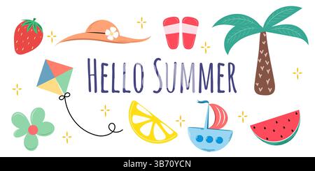 Hallo Sommer-Banner mit Sommerelementen. Stock Vektor