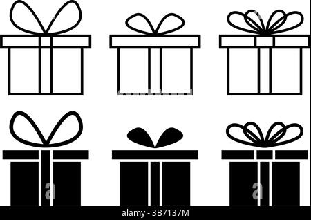 Set mit Symbolen und Silhouetten für Geschenkschachteln. Symbole gegenwärtiger Pakete mit Schleifenbögen isoliert auf weißem Hintergrund. Piktogramme für Geburtstags-, Hochzeits- oder Weihnachtsgeschenkschachteln. Vektorgrafik. Stock Vektor