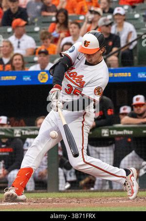 Baltimore, USA. Mai 2025. BALTIMORE, MD – 04. MAI: Der Baltimore Orioles-Fänger Adley Rutschman (35) bei Fledermaus während eines MLB-Spiels zwischen den Baltimore Orioles und den Kansas City Royals am 4. Mai 2025 im Oriole Park at Camden Yards in Baltimore, Maryland. (Foto: Tony Quinn/SipaUSA) Credit: SIPA USA/Alamy Live News Stockfoto