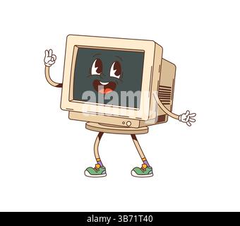 Cartoon Retro groovige Computer-Display-Charakter mit lustigem Gesicht, Vektor-Persönlichkeit. Grooviger, flippiger alter Desktop-Monitor oder PC-PC-Display-Cartoon Cha Stock Vektor