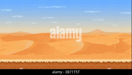 Sanddünen 8-Bit-Pixel-Kunst-Wüstenlandschaft mit sanften Sanddünen, klarem blauem Himmel und Bodenschicht. Vektor-Retro-8-Bit-Platformer-Spiel-Level, s Stock Vektor