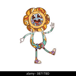 Retro-Zeichentrickfilm-Groovige Baby Rassel Kinderspielfigur mit Blumenkopf, ausdrucksstarkem Gesicht und hellen Perlen innen. Vektor-Retro-Persönlichkeit tanzt freudig Stock Vektor